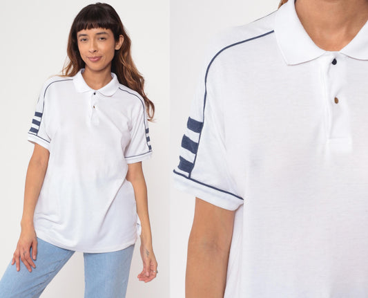 80s Private Club White Polo Shirt Navy Trim Short Sleeve Large L