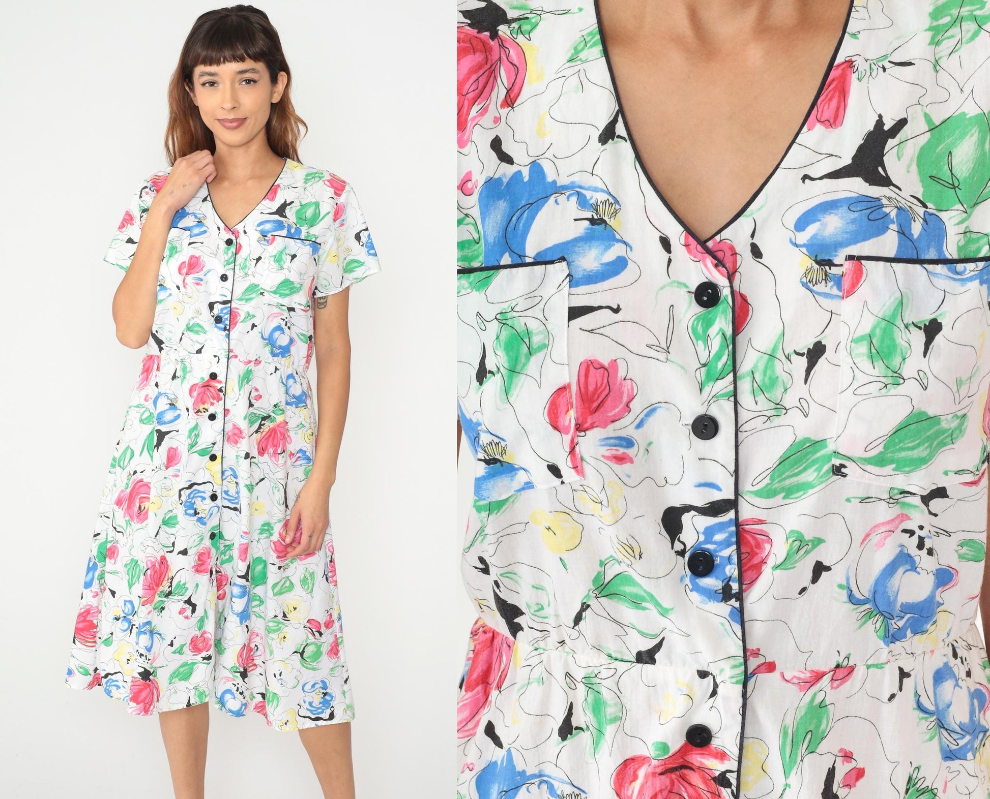 90s Charleston Rags Floral Midi Dress White Cotton Short Sleeve Medium