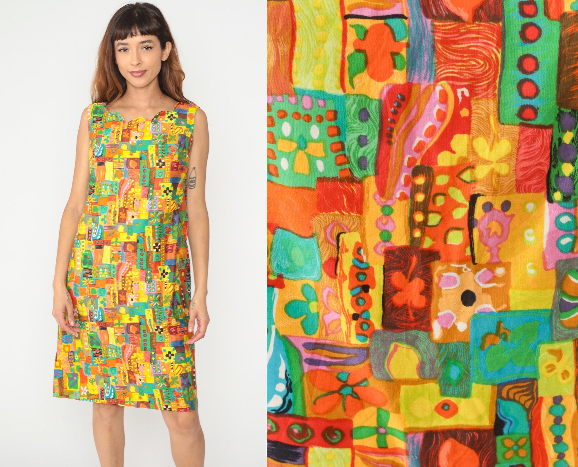 60s Psychedelic Patchwork Shift Dress Multicolor Geometric Mini Cotton Medium