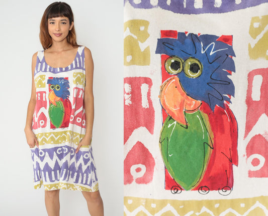 90s Parrot Shift Dress Knee Length Geometric Tribal Print Purple Yellow Pink Large