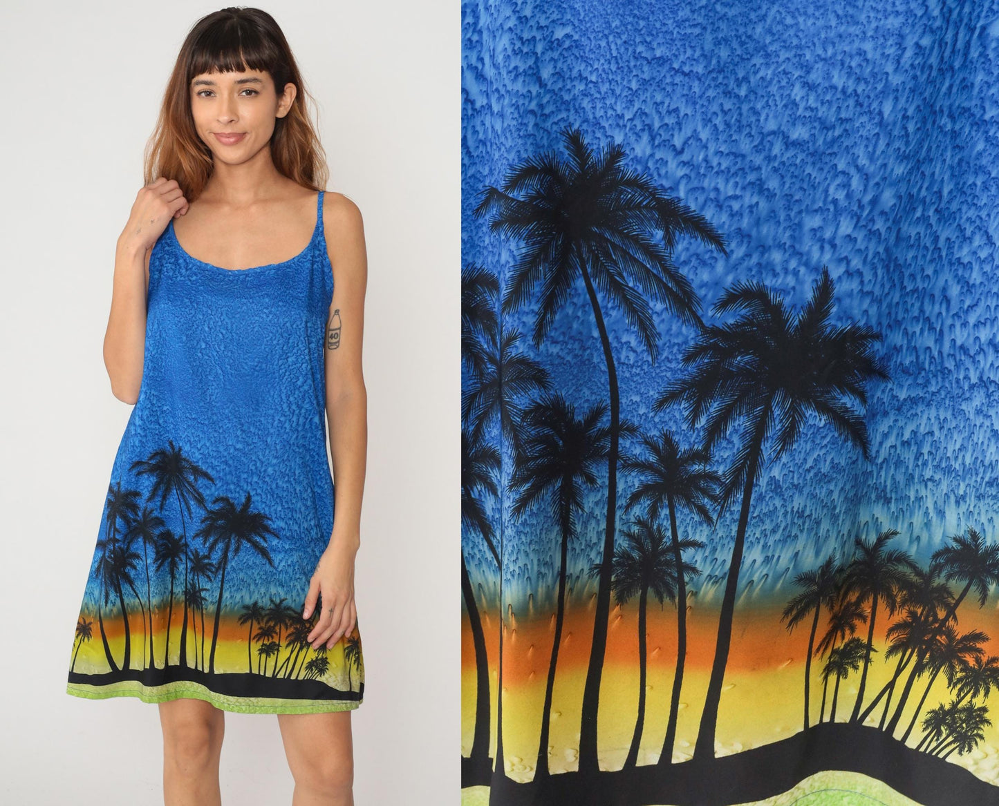 Y2K Blue Ombre Slip Dress Tropical Sunset Palm Tree Print Large L