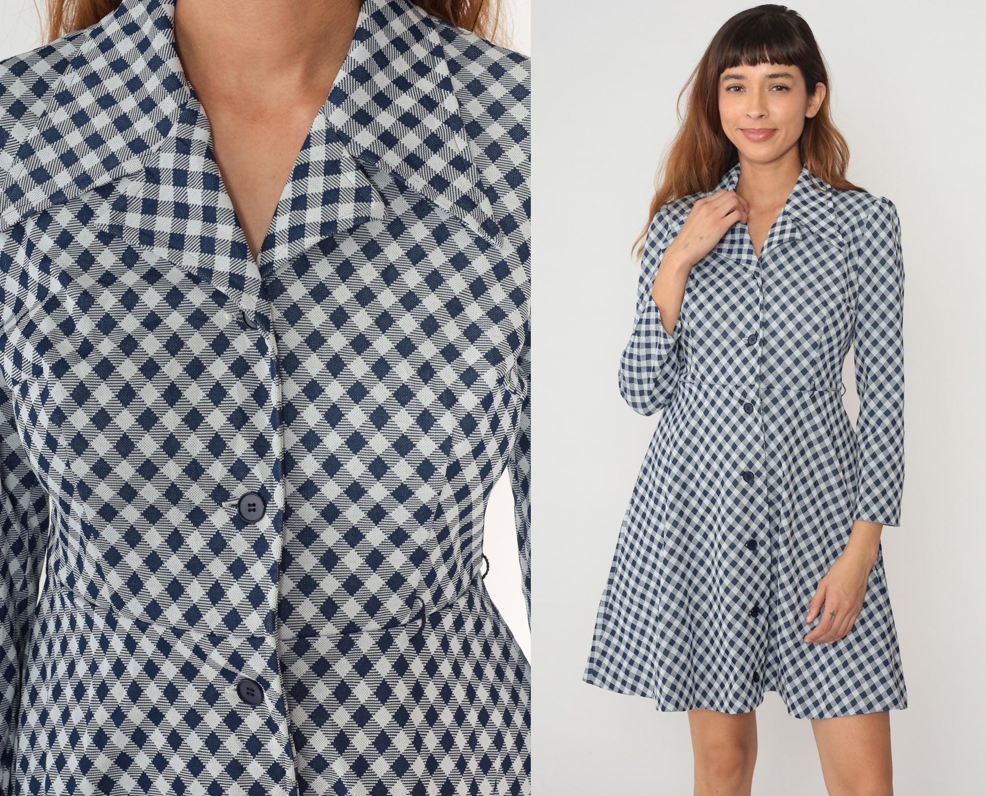 70s Blue White Gingham Check Dress Collared A-Line Long Sleeve Medium
