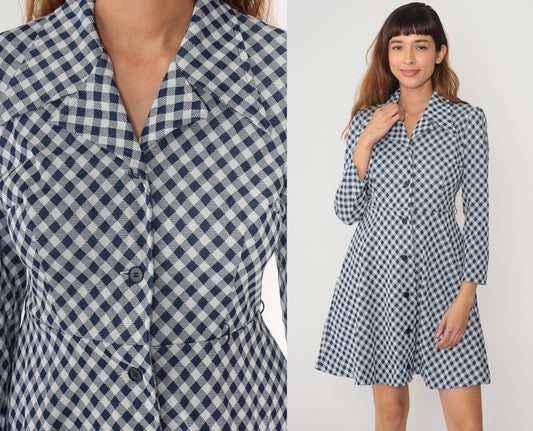70s Blue White Gingham Check Dress Collared A-Line Long Sleeve Medium