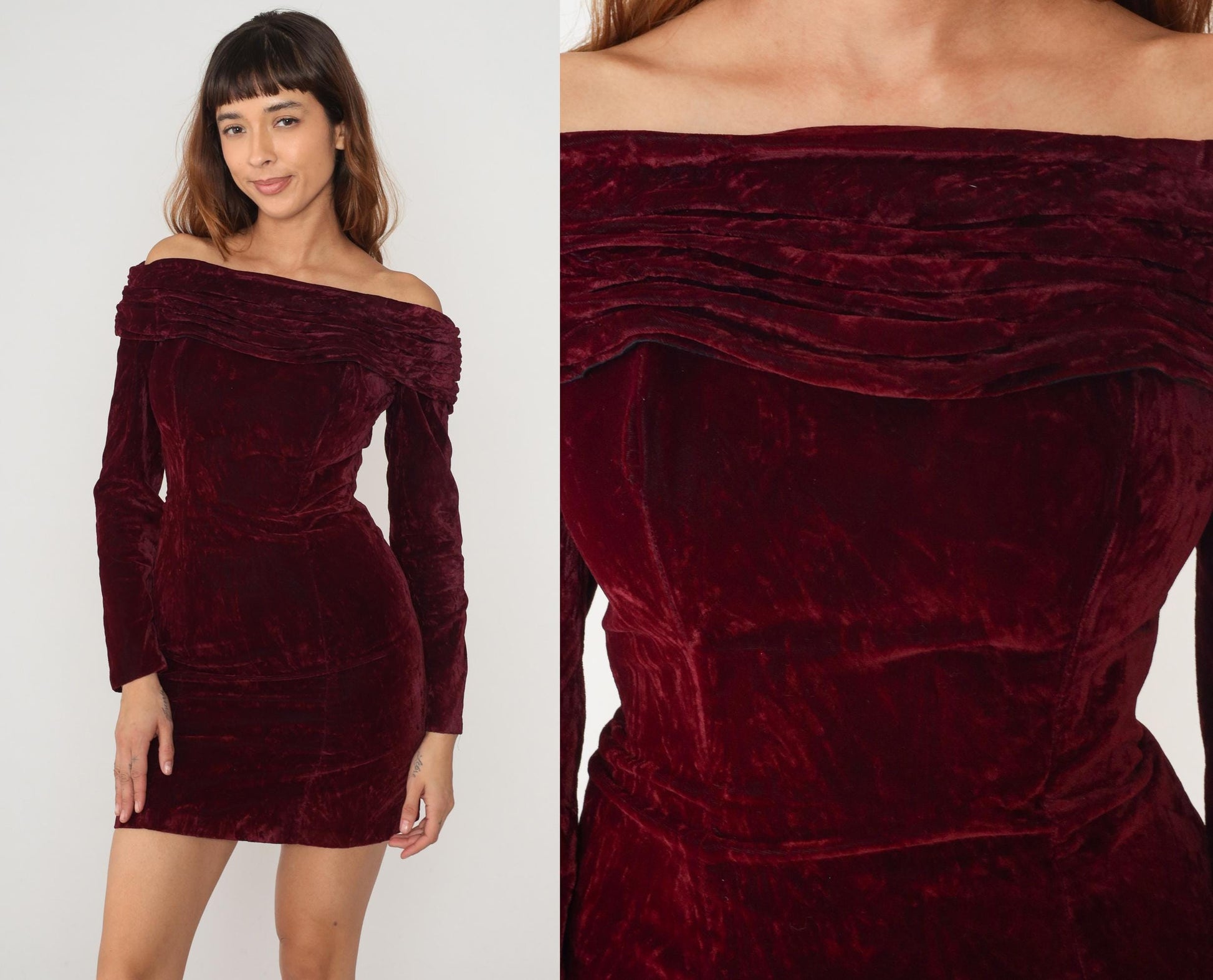90s Rampage Burgundy Velvet Mini Dress Off-Shoulder Long Sleeve Small