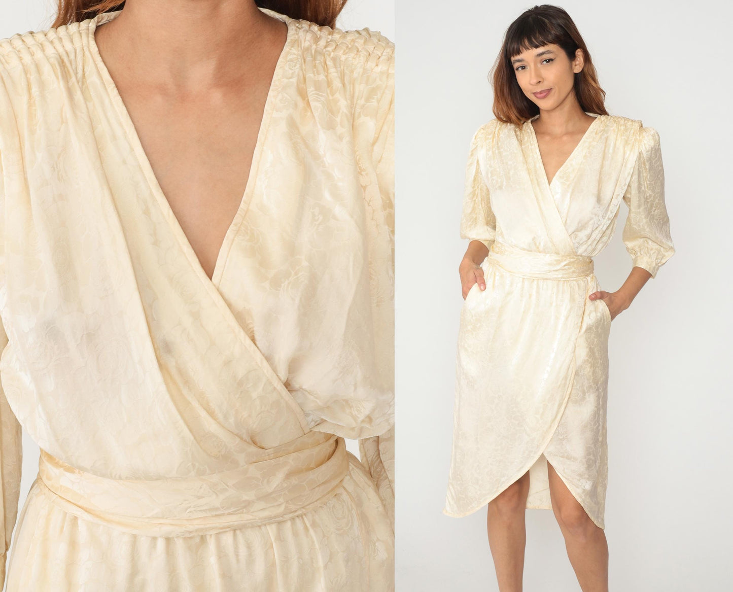 90s Argenti Silk Wrap Dress Cream Floral Jacquard V-Neck Small S