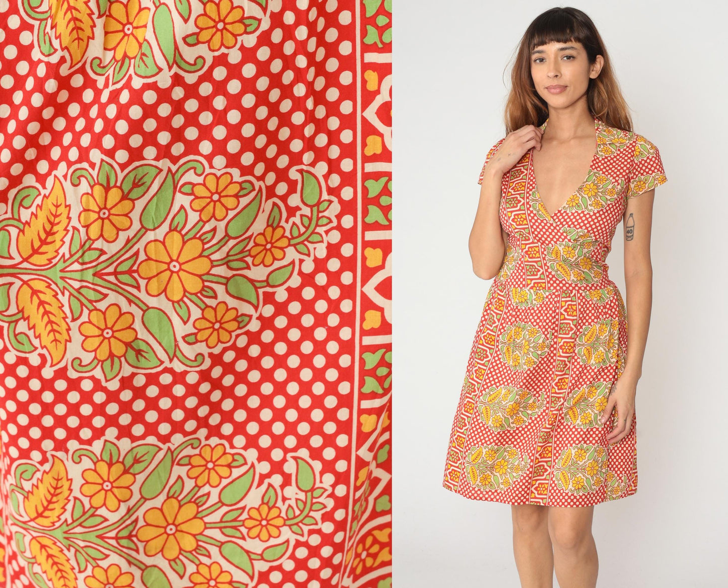 90s Wrap Dress Coral Red Polka Dot Floral Print Cotton V-Neck Medium M