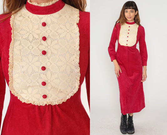 70s Burgundy Velvet Maxi Dress Lace Bib Mock Neck Button Front Extra Small