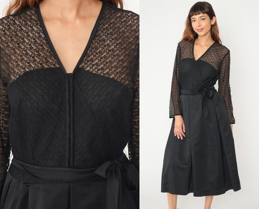 60s Herman Marcus Black Lace V-Neck Dress Tie Belt Midi Medium M