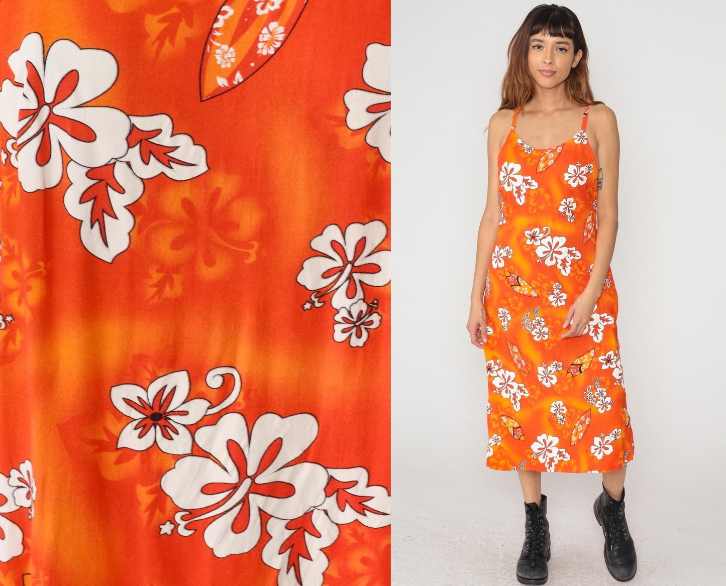 Y2K Orange Hawaiian Hibiscus Maxi Dress Spaghetti Strap Slip Large L
