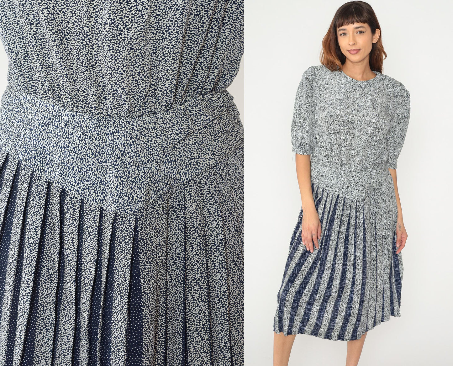80s Blue White Mixed Print Dress Puff Sleeve Drop Waist Pleated Skirt Medium