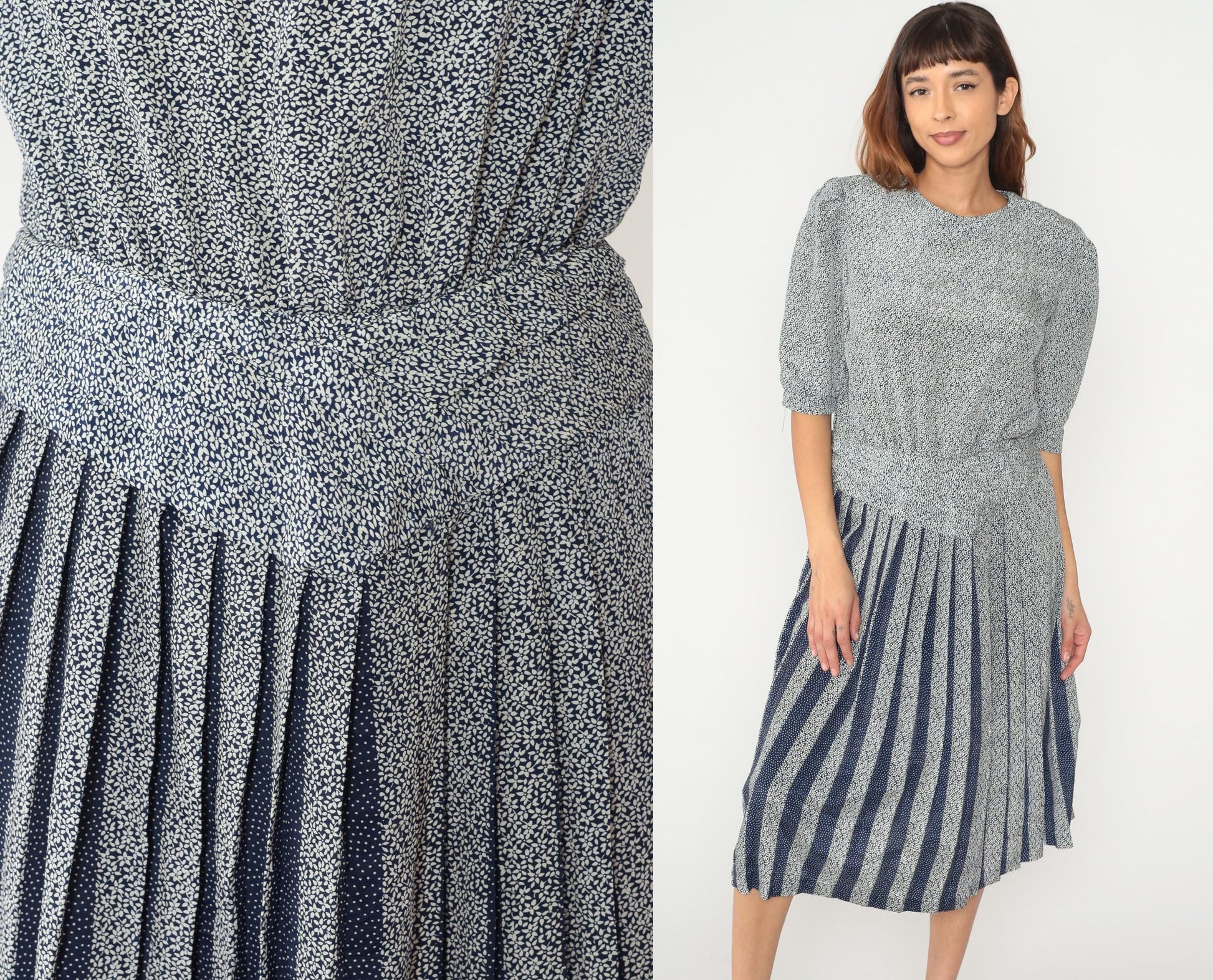 80s Blue White Mixed Print Dress Puff Sleeve Drop Waist Pleated Skirt Medium