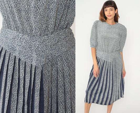 80s Blue White Mixed Print Dress Puff Sleeve Drop Waist Pleated Skirt Medium