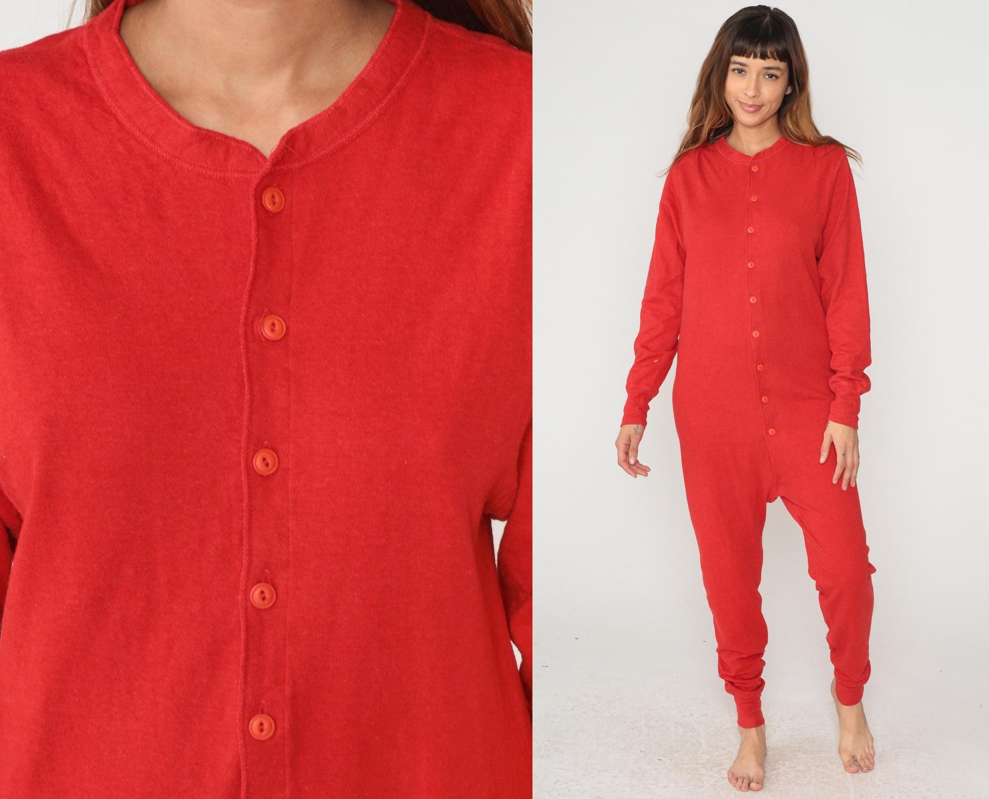 L.L. Bean 80s Red Thermal Union Suit Cotton Wool Ribbed Crew Neck Medium