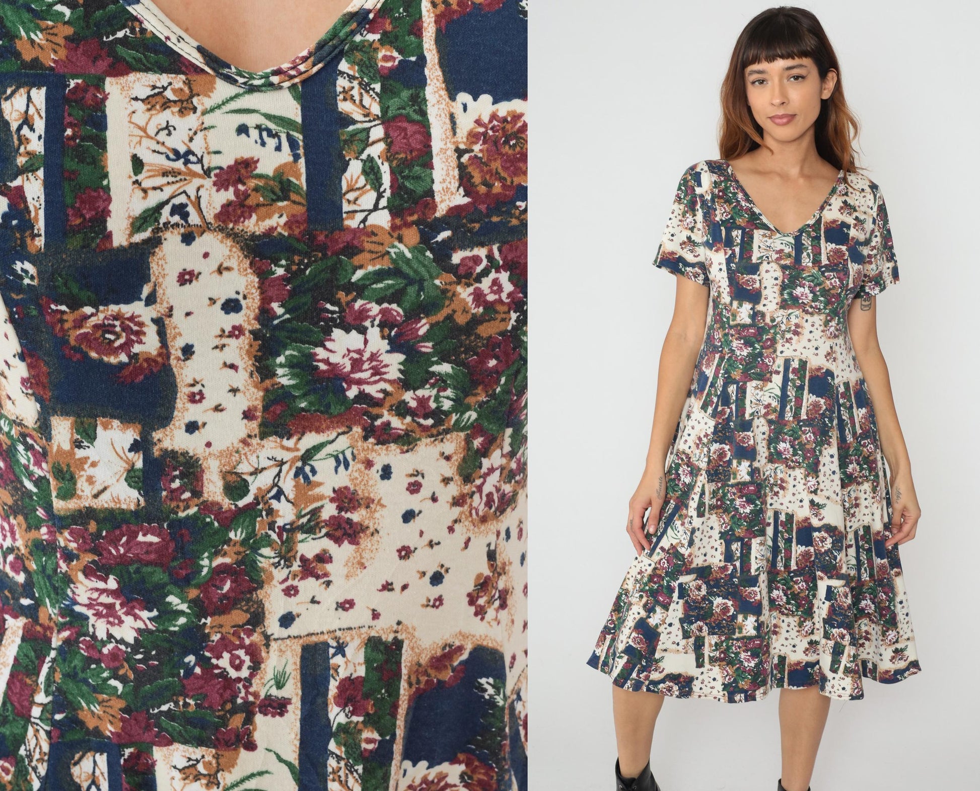 90s Patchwork Floral Midi Dress Cream Navy Burgundy Green Cotton V-Neck Medium M