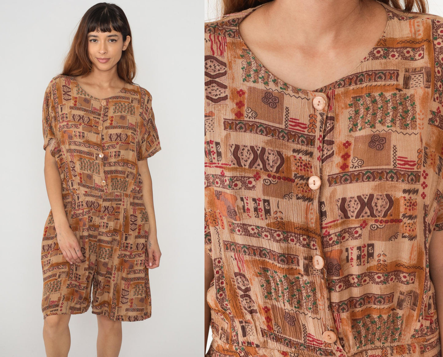 90s Rafael Patchwork Romper Ethnic Print Brown Orange Large L