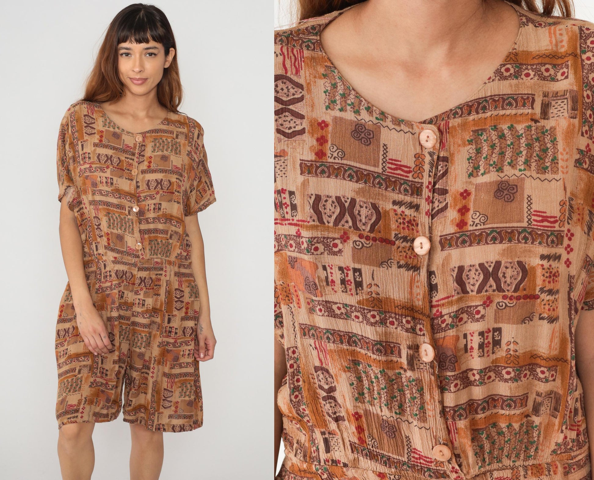 90s Rafael Patchwork Romper Ethnic Print Brown Orange Large L