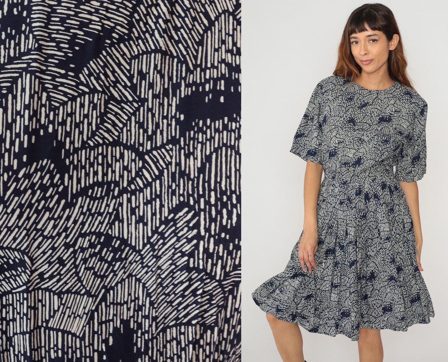 80s Ms Claus Navy White Geometric Abstract Print Midi Dress Medium