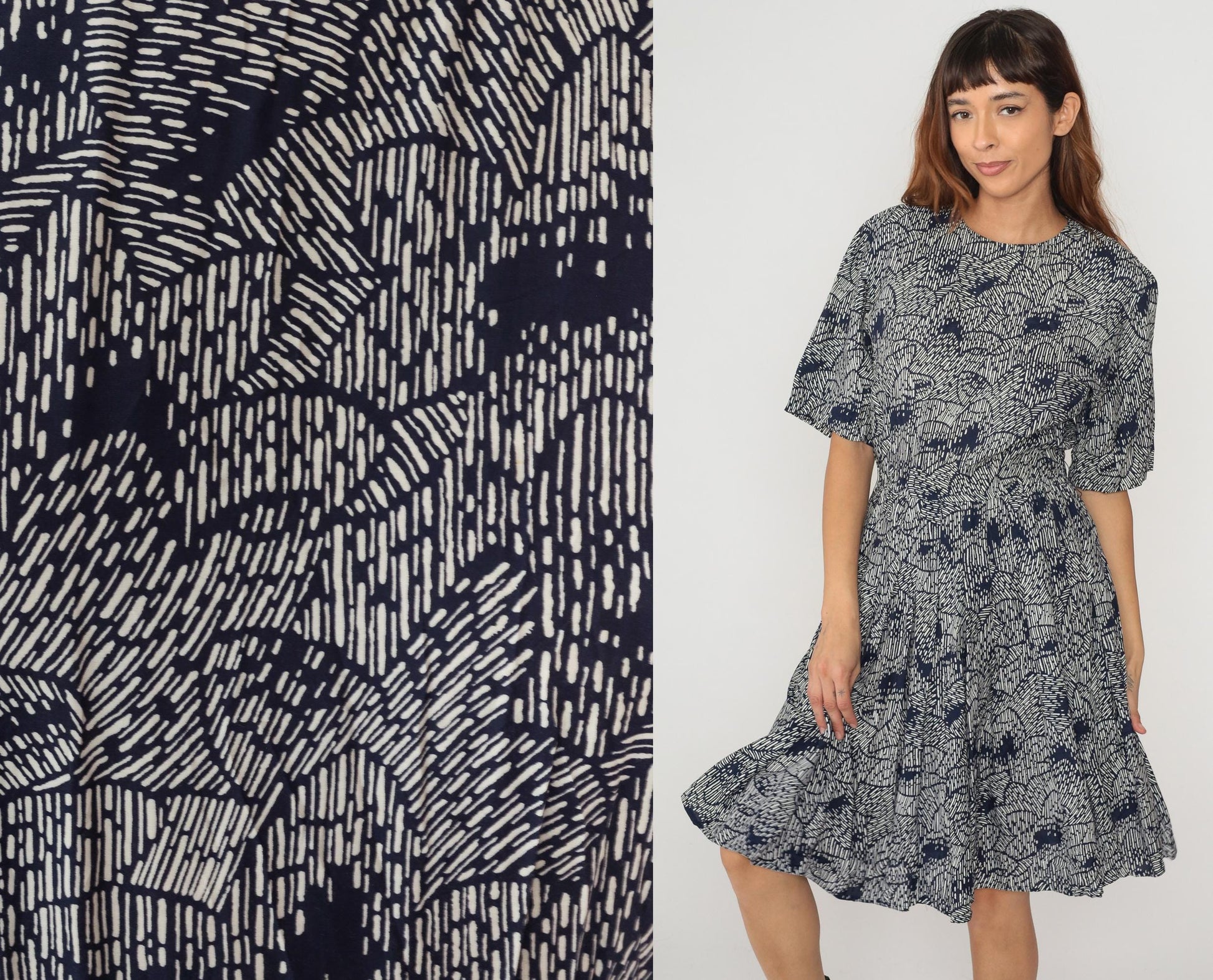 80s Ms Claus Navy White Geometric Abstract Print Midi Dress Medium