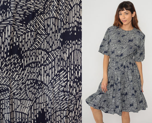 80s Ms Claus Navy White Geometric Abstract Print Midi Dress Medium