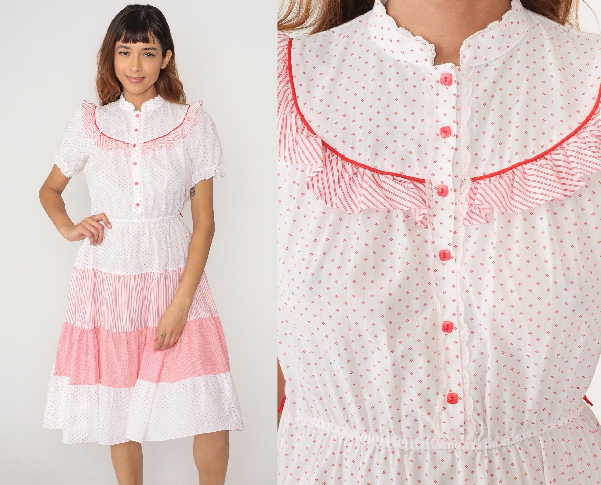 80s White Polka Dot Pink Striped Midi Dress Peter Pan Collar Puff Sleeve Medium