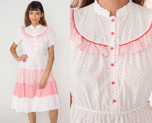 80s White Polka Dot Pink Striped Midi Dress Peter Pan Collar Puff Sleeve Medium