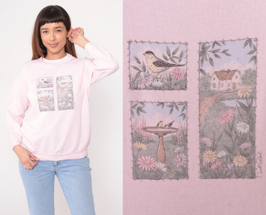90s Caroll Reed Pink Sweatshirt Bird Garden Cottage Graphic Crew Medium M
