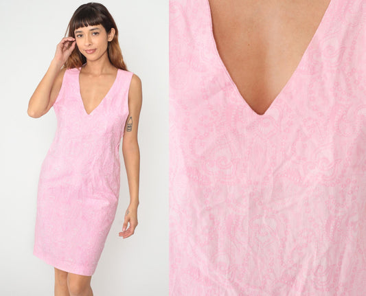 70s Pink Shift Dress Sleeveless V-Neck Mini Jacquard Small