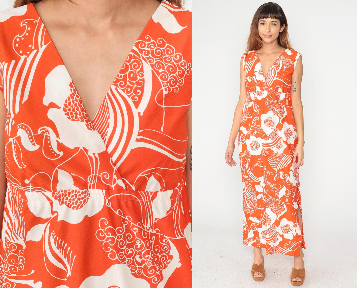 70s Halii Honolulu Orange Floral Maxi Dress Sleeveless V-Neck Large