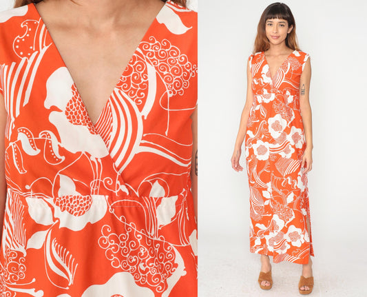 70s Halii Honolulu Orange Floral Maxi Dress Sleeveless V-Neck Large