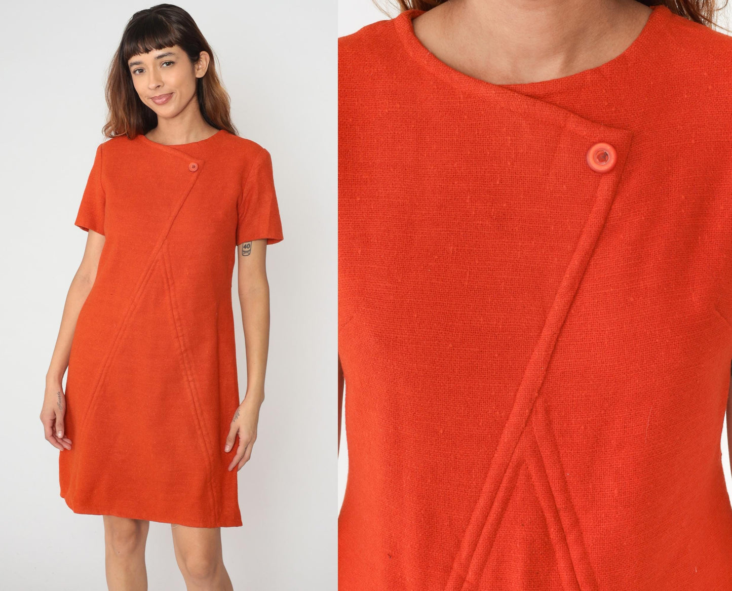 60s Orange Wool Mini Shift Dress Mod A-Line Short Sleeve Medium M