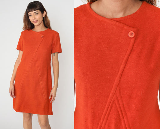 60s Orange Wool Mini Shift Dress Mod A-Line Short Sleeve Medium M