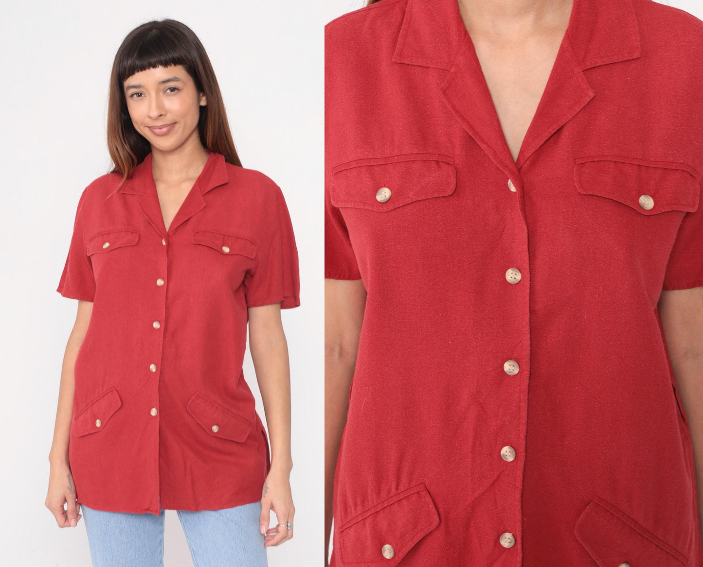 Y2K Anna and Frank Silk Safari Shirt Red Camp Collar Button Front Small S
