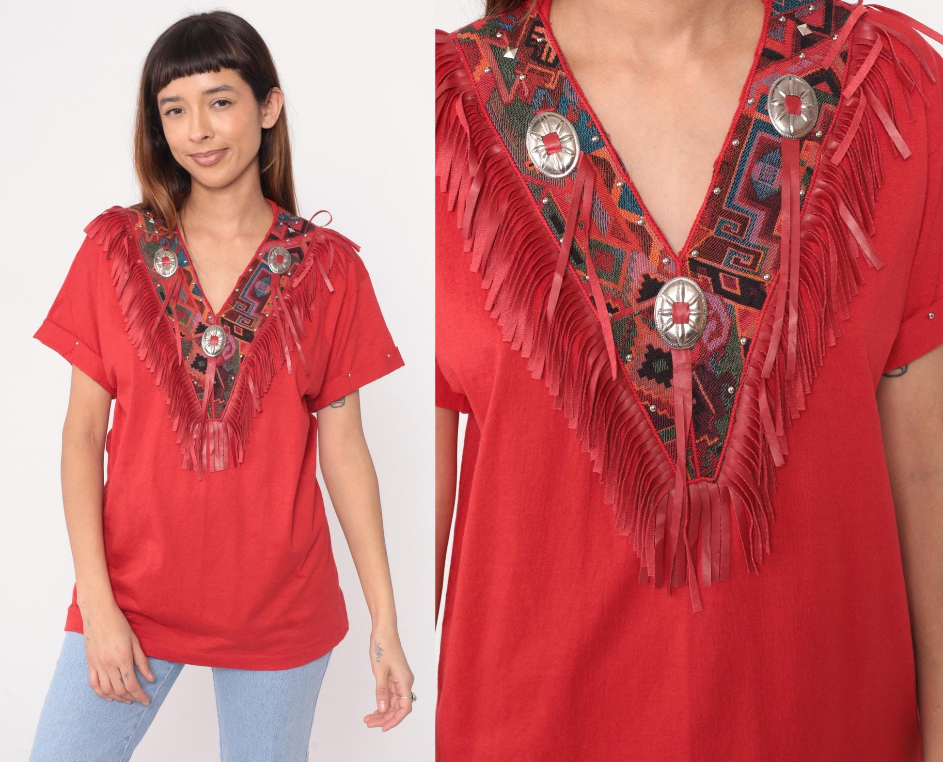 90s Joanie W. Southwestern Fringe Tunic Red Concho Embroidered V-Neck Medium