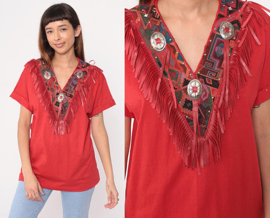 90s Joanie W. Southwestern Fringe Tunic Red Concho Embroidered V-Neck Medium