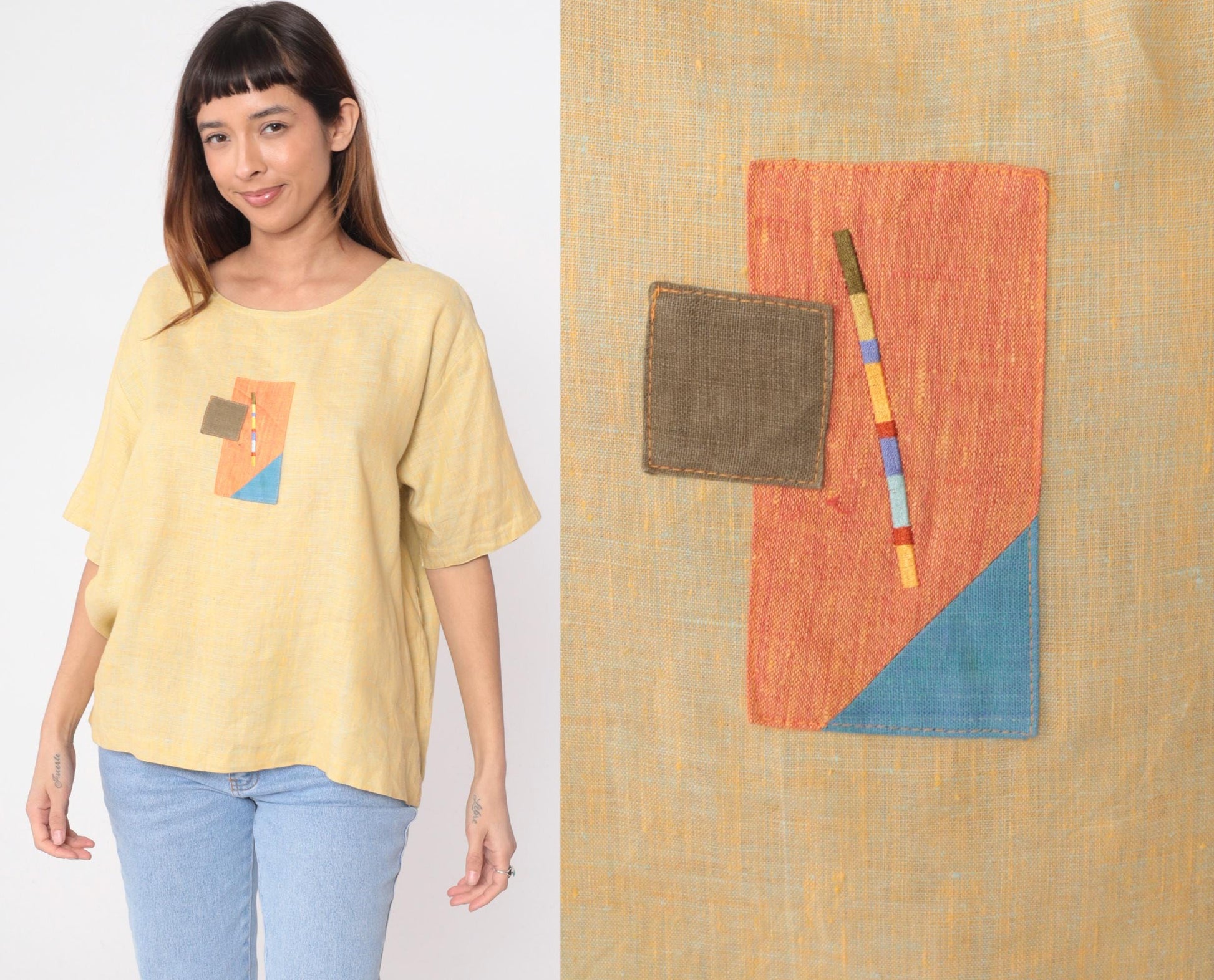 90s Nino Wong Yellow Linen Blouse Geometric Appliqué Short Sleeve Large L