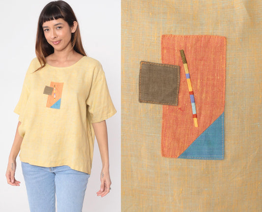 90s Nino Wong Yellow Linen Blouse Geometric Appliqué Short Sleeve Large L