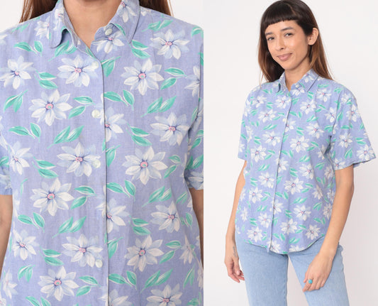 90s Picone Sport Purple Floral Cotton Blouse Short Sleeve Collared Small