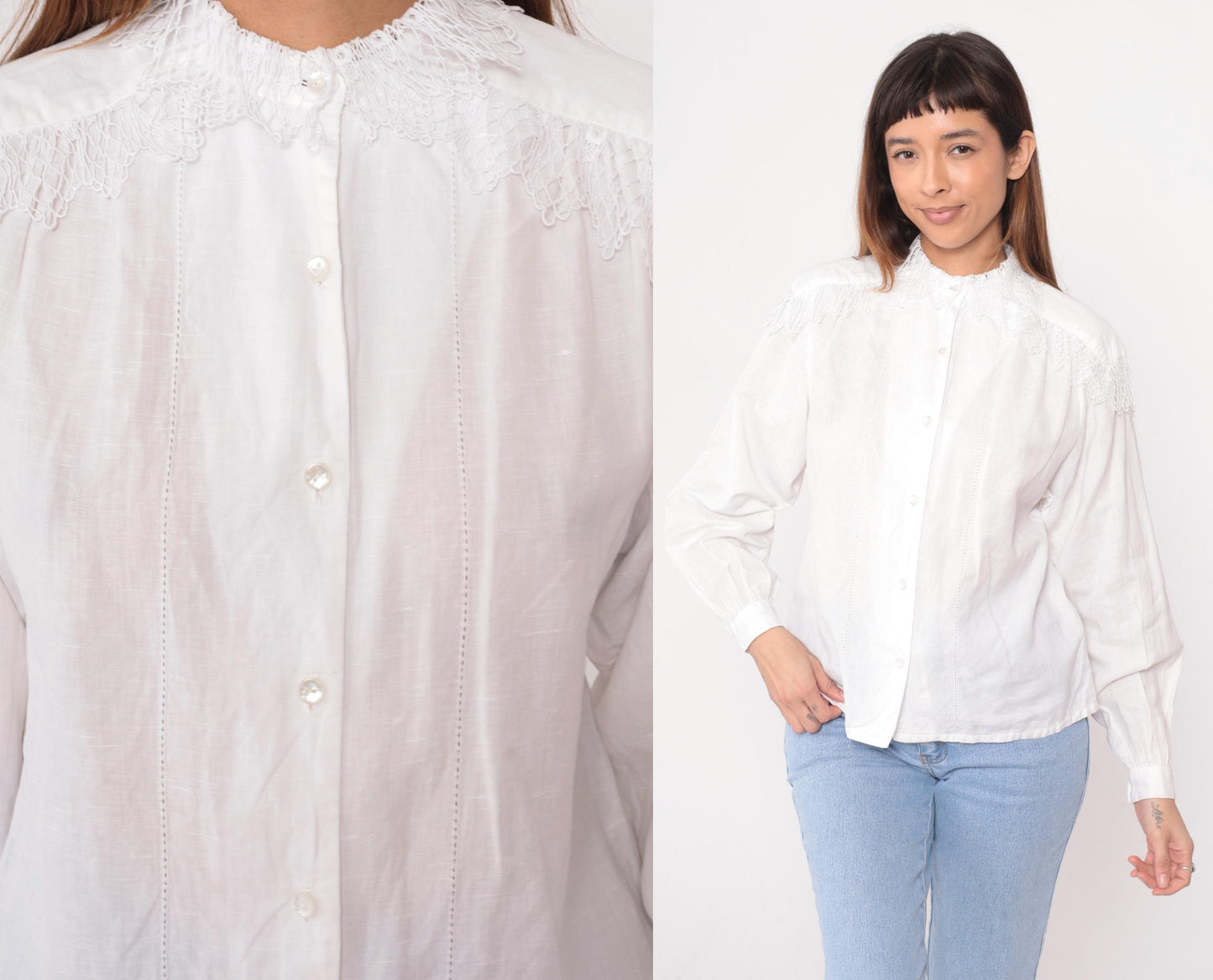 90s Carol Bird White Blouse Embroidered Lace Yoke Smocked Shoulders Medium