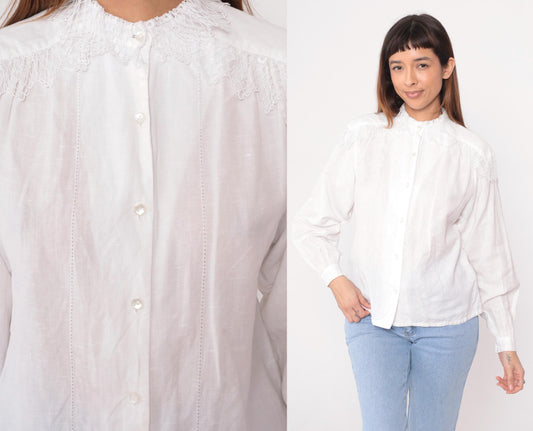 90s Carol Bird White Blouse Embroidered Lace Yoke Smocked Shoulders Medium