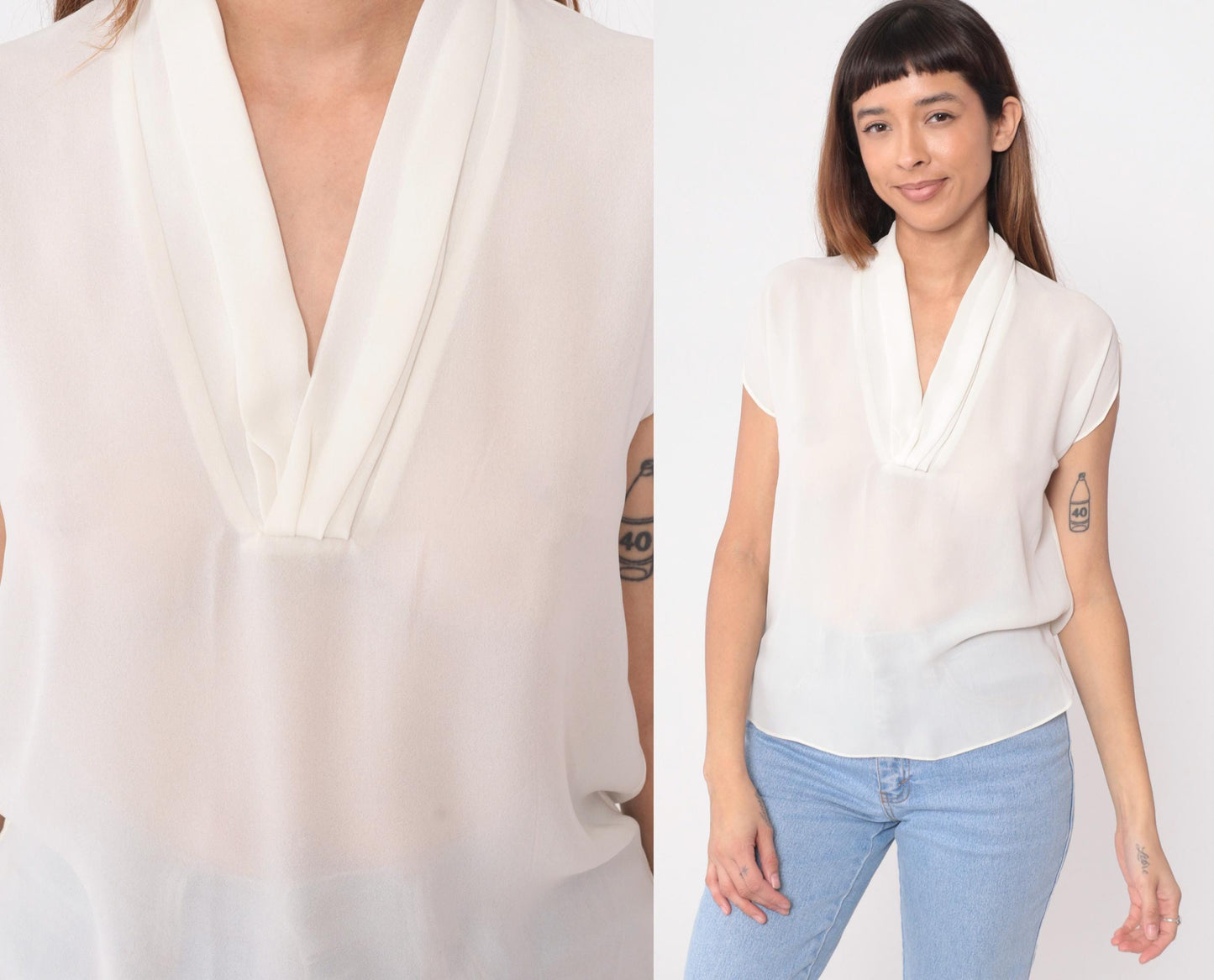 90s Oui Petites Cream Sheer Blouse V-Neck Cap Sleeve Small