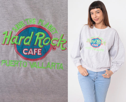 90s Hard Rock Cafe Puerto Vallarta Sweatshirt Heather Grey Embroidered Logo Large