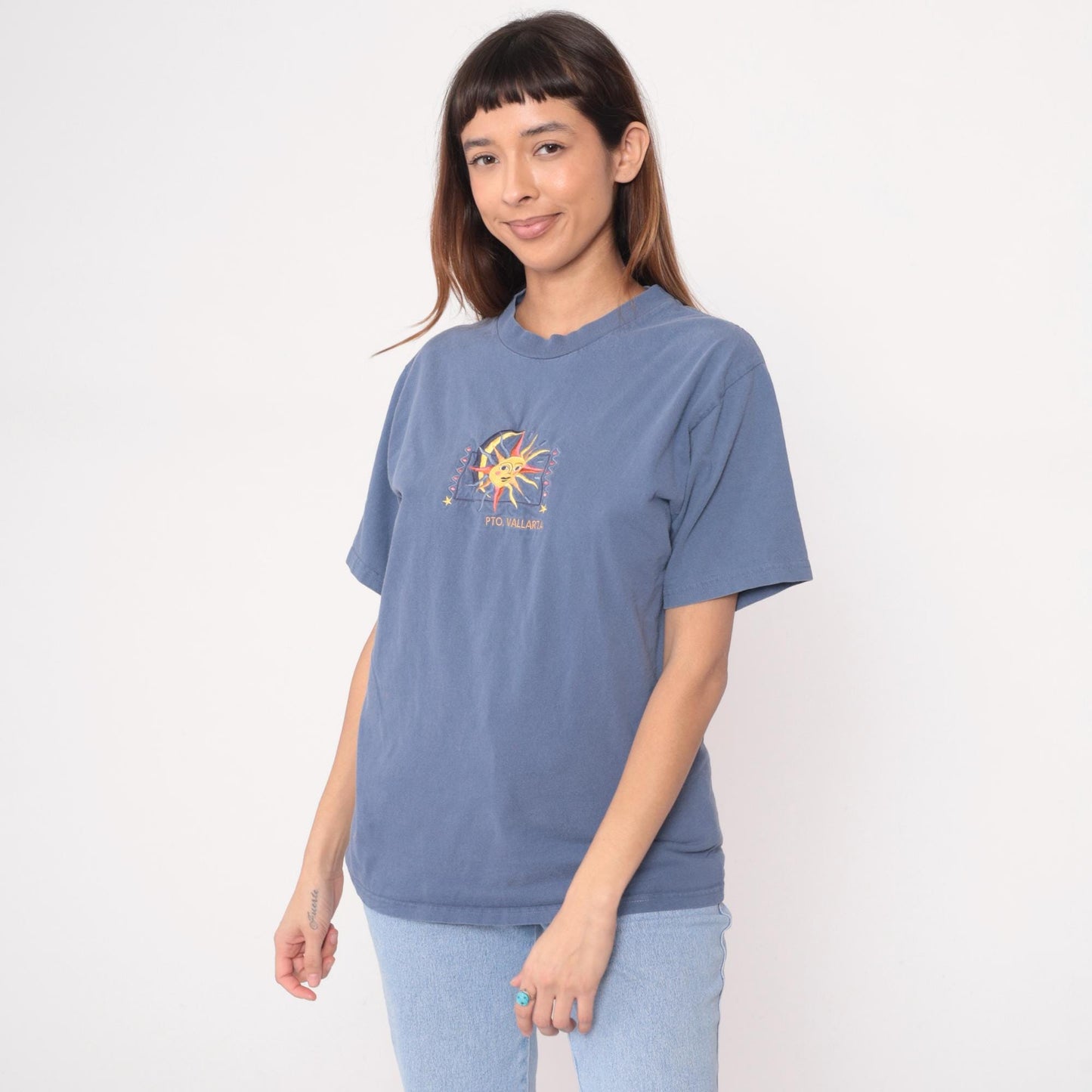 90s Yacht Club Puerto Vallarta Tee Sun Moon Embroidered Graphic Blue Medium