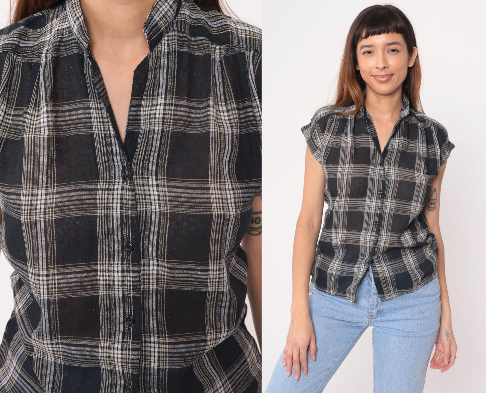 90s Bonjour Black White Plaid Short Sleeve Shirt Small