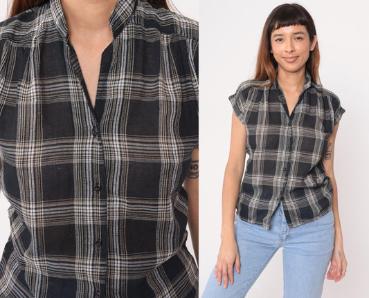90s Bonjour Black White Plaid Short Sleeve Shirt Small