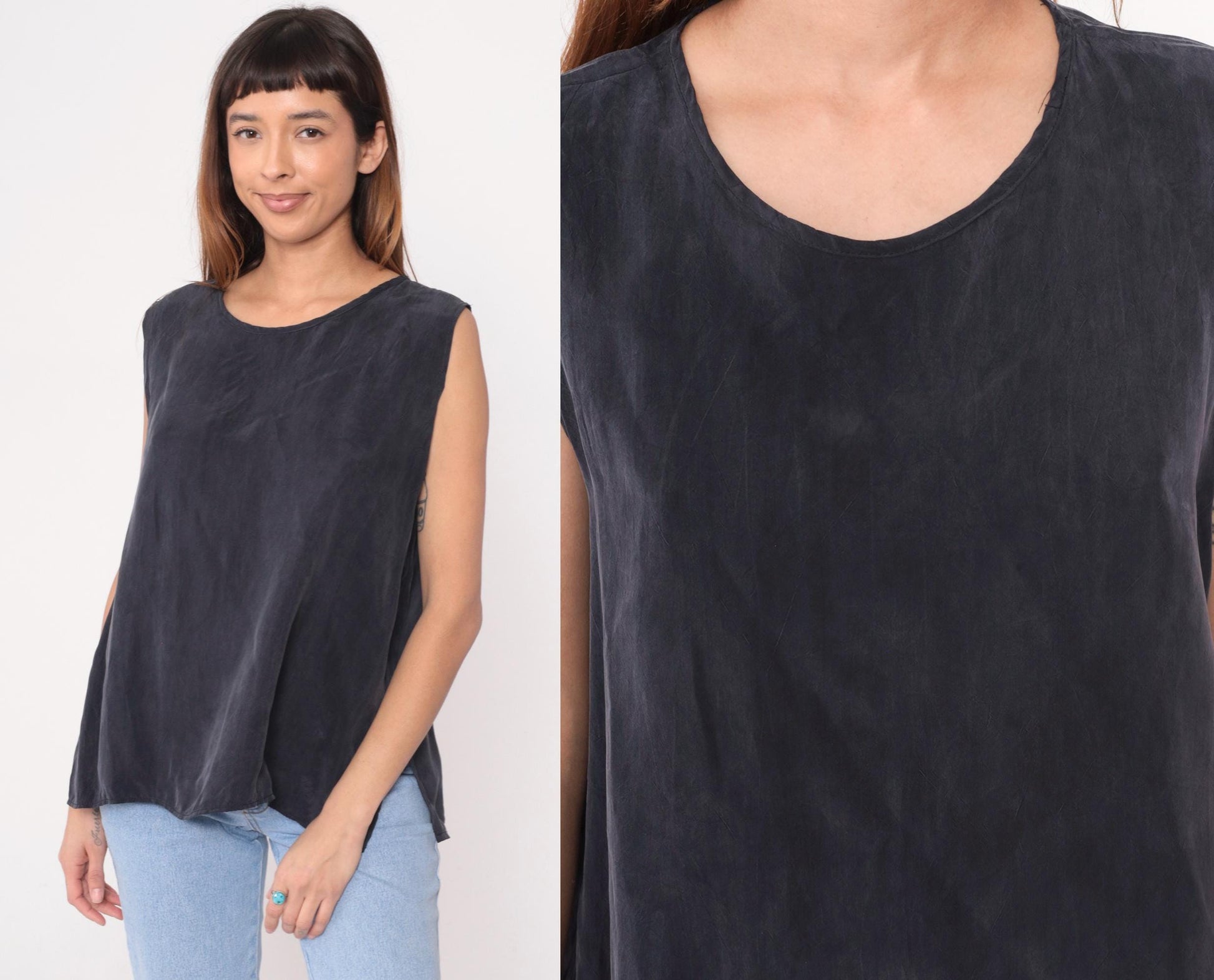90s Black Rayon Tank Top Scoop Neck Sleeveless Camisole Large L
