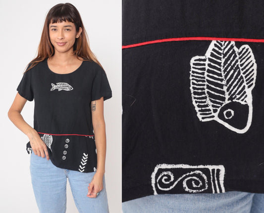 90s Sidan Black Fish Skeleton Nautical Print T-Shirt Small S
