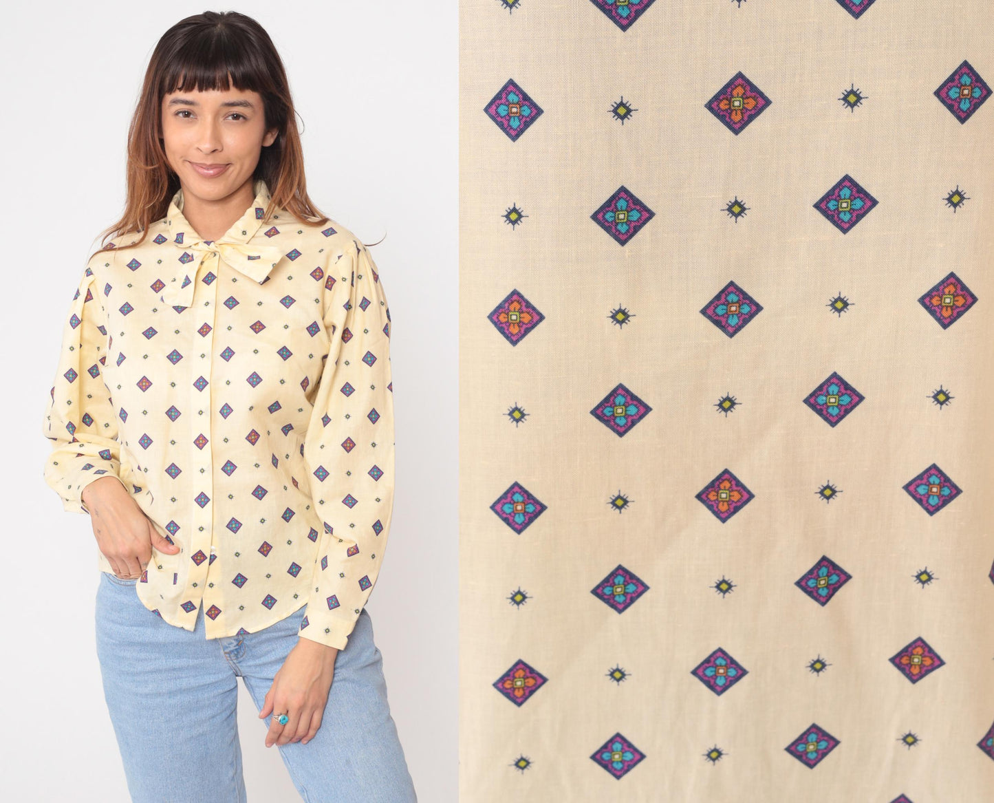 80s Pale Yellow Diamond Print Button-Up Blouse Purple Blue Geometric Medium