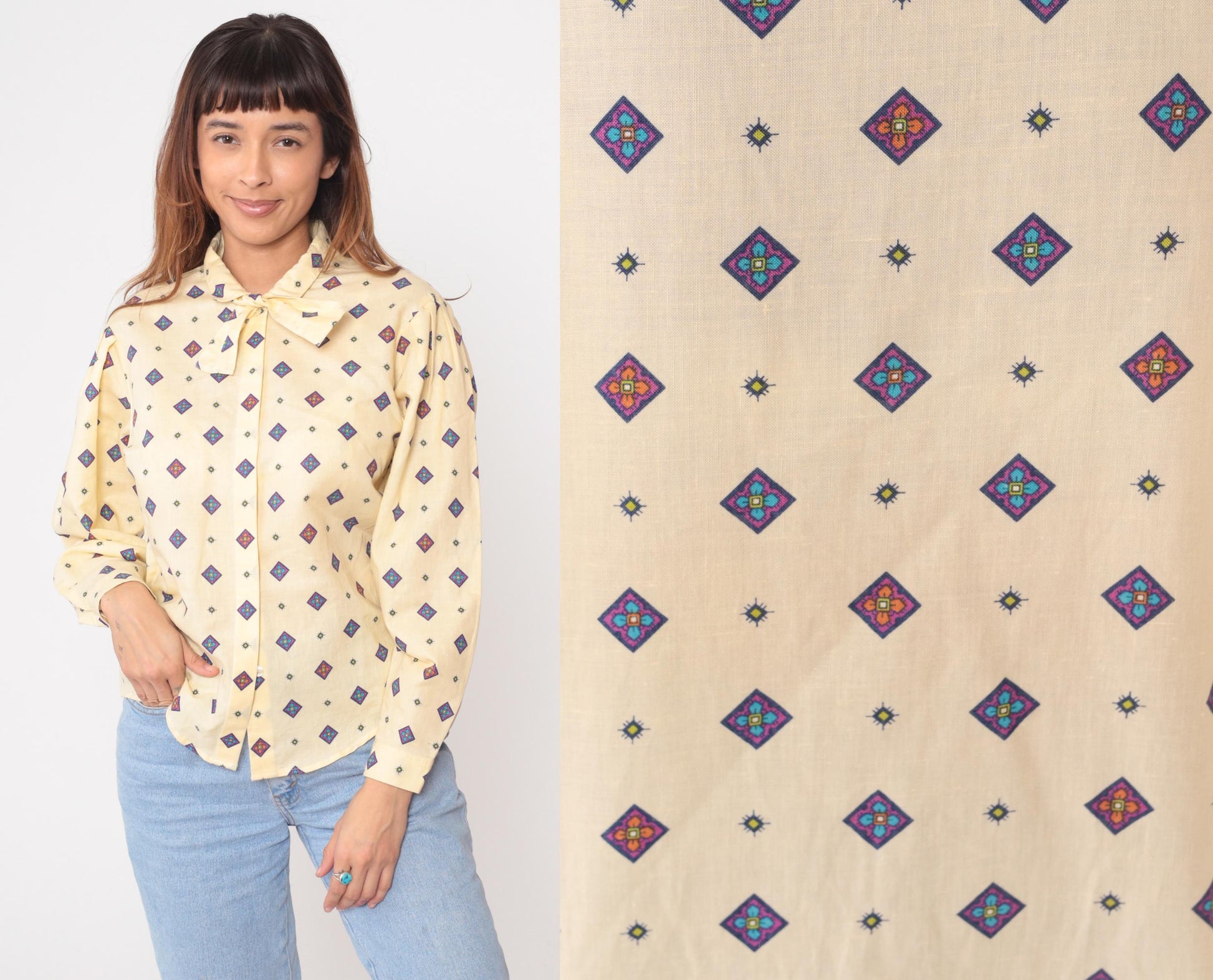 80s Pale Yellow Diamond Print Button-Up Blouse Purple Blue Geometric Medium