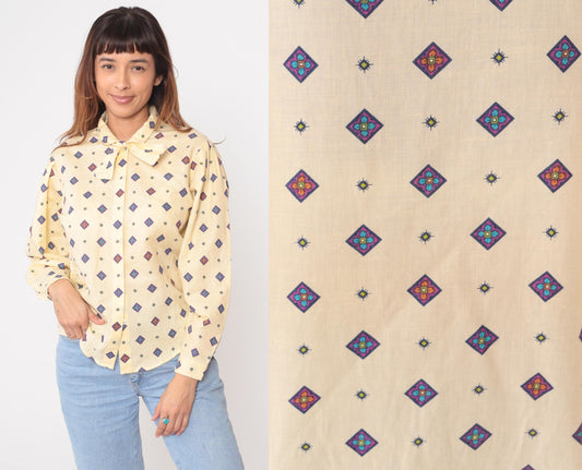 80s Pale Yellow Diamond Print Button-Up Blouse Purple Blue Geometric Medium
