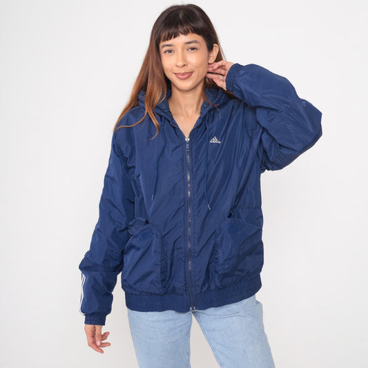 80s Adidas Navy Hooded Windbreaker Full Zip Three Stripe Small